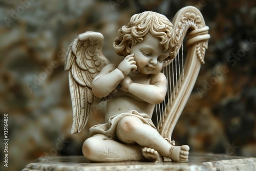 A beautifully crafted statue of a baby with a harp, symbolizing harmony and the purity of youth, A small cherub playing with a tiny harp, AI generated