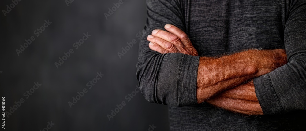 A tight shot of a man's folded arms against a black backdrop A tight shot of a man's folded arms against a black backdrop