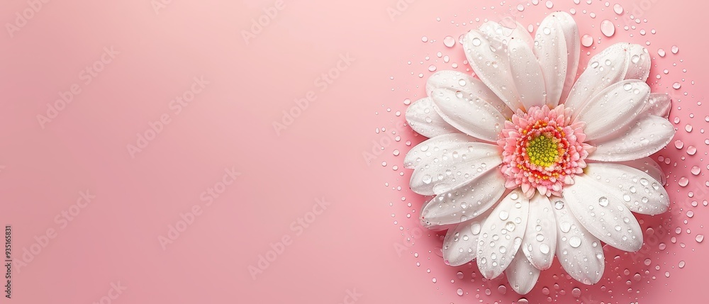 A white bloom with a pink core and water droplets against a pink backdrop, featuring a single teardrop on its petal A white bloom with a pink core and water droplets against a pink backdrop, featuring a single teardrop on its petal