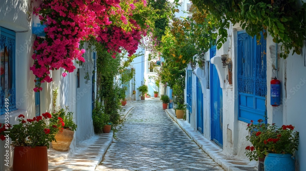 Fototapeta premium Stunning plant-lined historic street in Sidi Bou Said, Tunisia