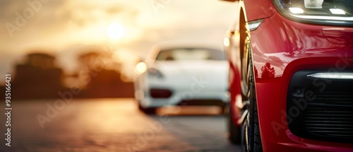  Two cars parked side by side in a sun-lit parking lot against a backdrop of clouded skies