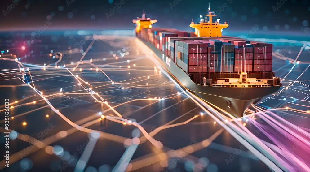 Technology-Driven Global Shipping. Container Vessel and Digital Routes ...