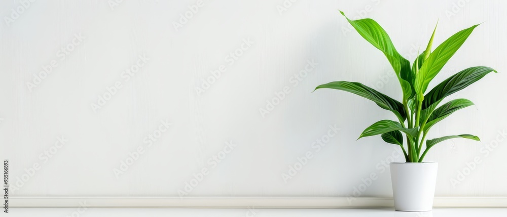 A green plant in a white planter contrasted against a white wall and white floor, with a white wall serving as its backdrop A green plant in a white planter contrasted against a white wall and white floor, with a white wall serving as its backdrop