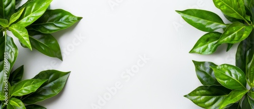  A white table holds a cluster of green leaves above it, accompanied by a green plant beside