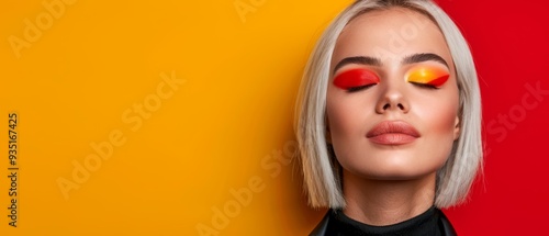  A woman wears red and yellow eyeliners against her darkened eyes Behind her, a vibrant yellow-red backdrop contrasts her black headtop photo