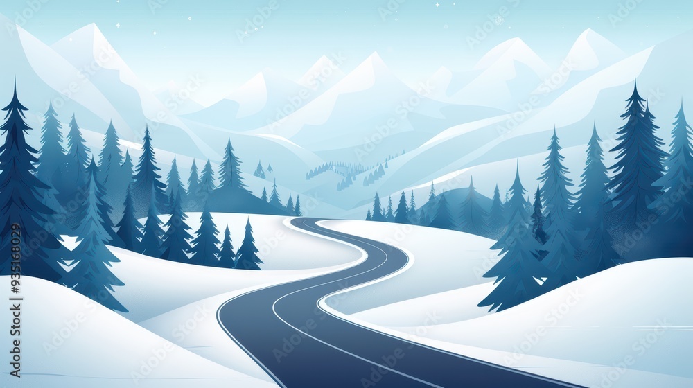 Fototapeta premium Serene Winter Landscape with Snow-Covered Mountains and a Winding Road through Pine Forests