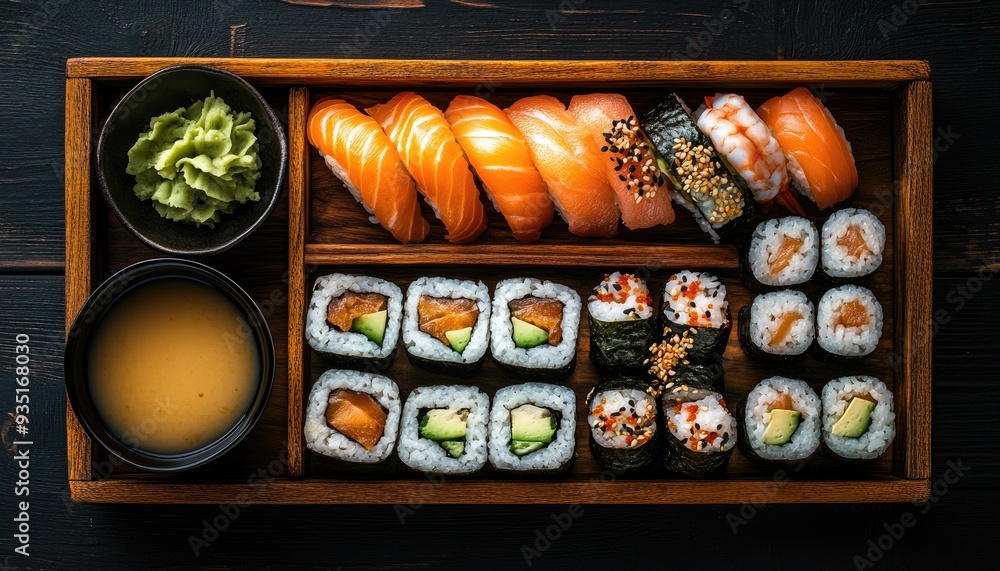 A wooden tray with sushi rolls, nigiri, wasabi, and miso soup. A wooden tray with sushi rolls, nigiri, wasabi, and miso soup.