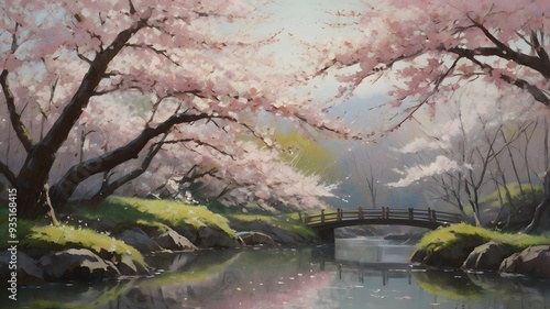 Tranquil Springtime: A picturesque bridge spans a tranquil stream, adorned by a canopy of vibrant pink cherry blossoms. The scene evokes a sense of serenity and peaceful beauty, perfect for representi photo