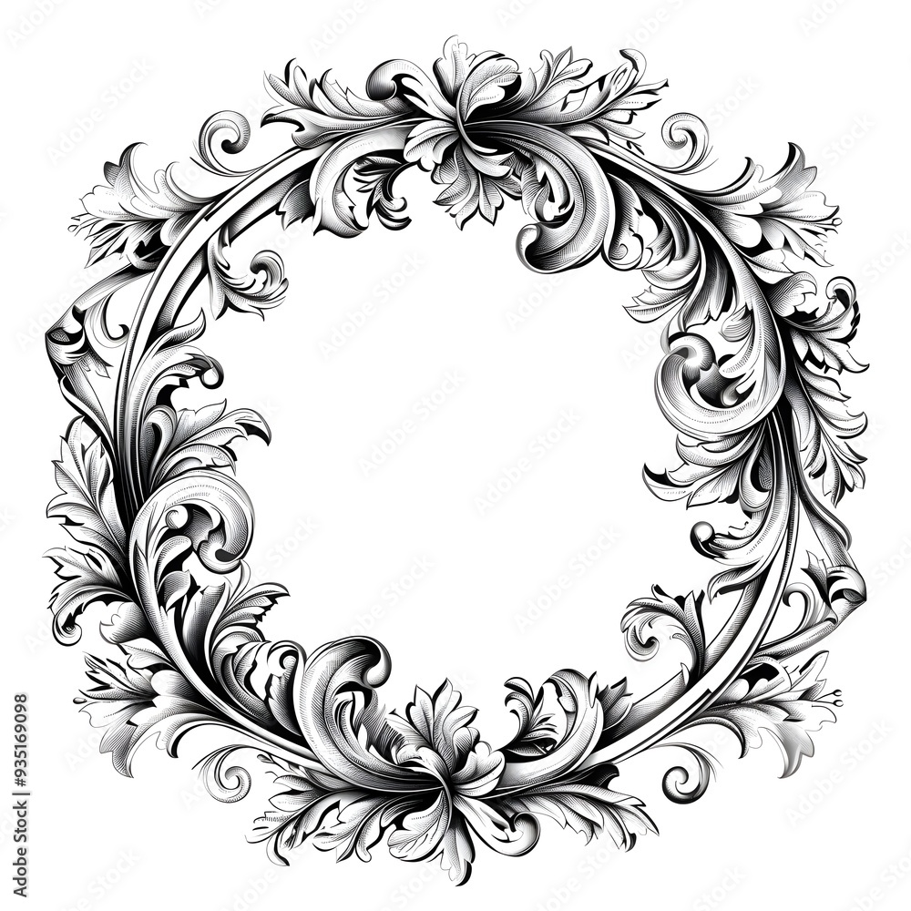 Elegant Swirling Circular Frame with Classic Line Art on White Background Elegant Swirling Circular Frame with Classic Line Art on White Background