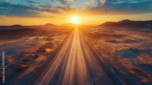 road covered with sand in the desert at sunset. Top view.