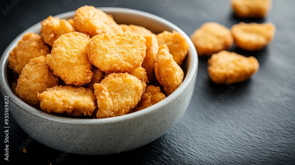 Chicken nuggets, black chalkboard bowl. Chicken nuggets, black chalkboard bowl.