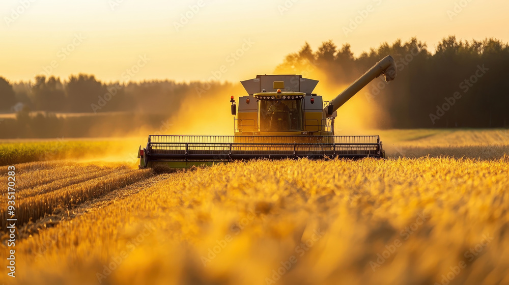 Naklejka premium Wheat harvesting with combine harvesters at sunset in golden field