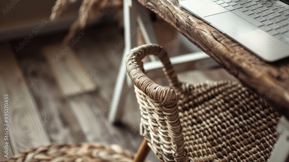 Obraz premium Wicker Chair Back Closeup with Laptop and Wooden Table in Background