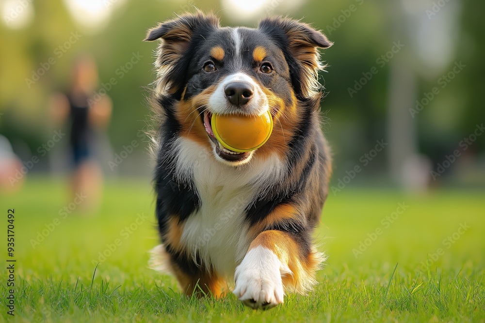 A dog is running with a yellow ball in its mouth. The dog appears to be happy and energetic as it runs through the grass A dog is running with a yellow ball in its mouth. The dog appears to be happy and energetic as it runs through the grass