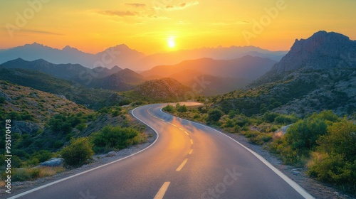 road in mountainous area at sunset. View from above