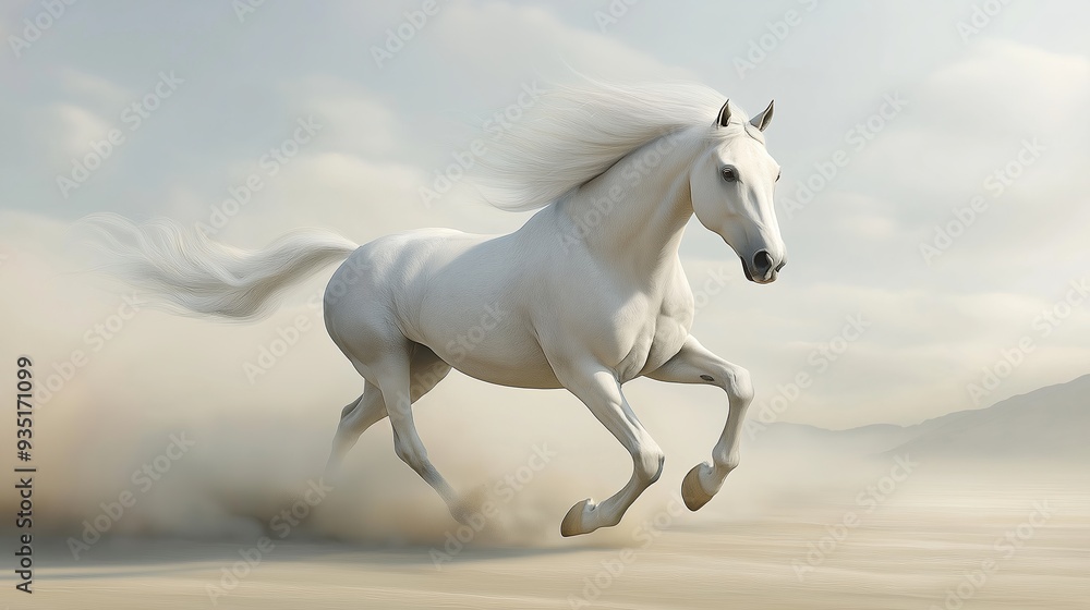 Fototapeta premium A white horse is running through the sand, leaving a trail of dust behind it. Concept of freedom and power, as the horse gallops across the open landscape