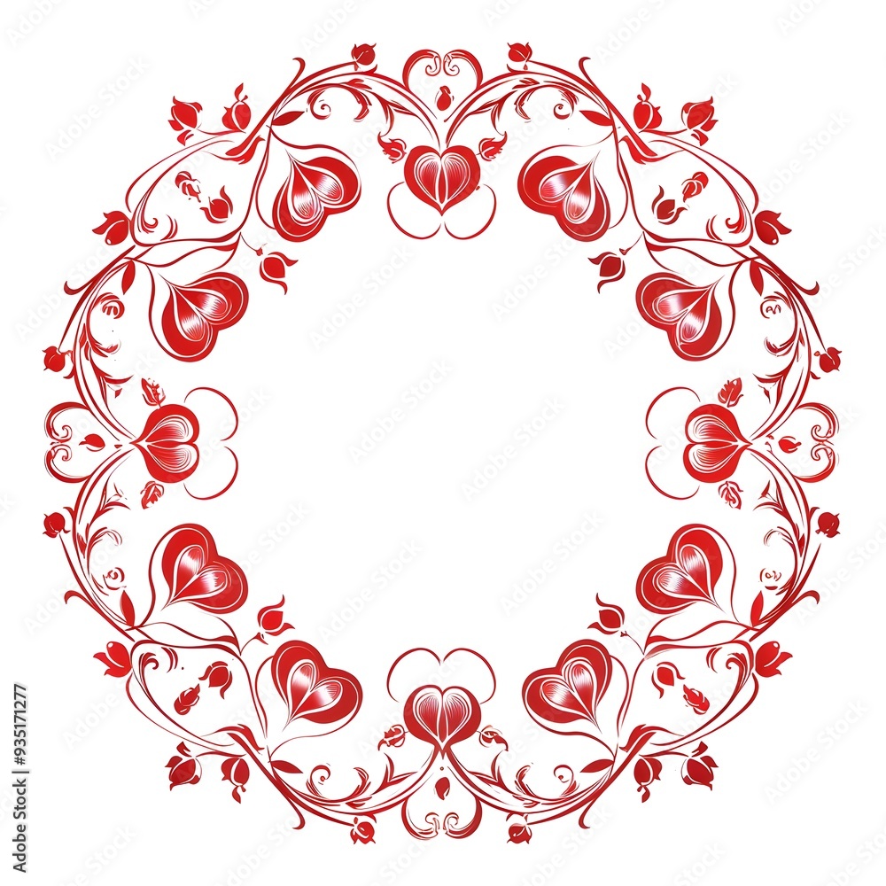 Elegant Circular Frame with Heart Motifs in Classic Simple Line Art on White Background Elegant Circular Frame with Heart Motifs in Classic Simple Line Art on White Background