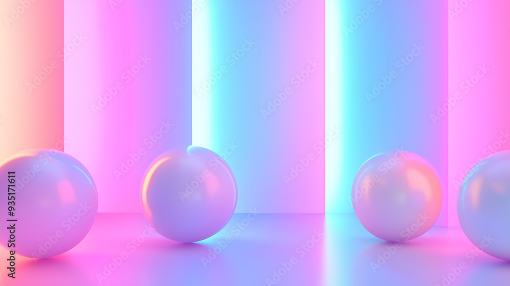 Three glossy spheres are arranged on a smooth surface against a dazzling pastel neon background, enhancing artistic vibes in a stylish setting, background Three glossy spheres are arranged on a smooth surface against a dazzling pastel neon background, enhancing artistic vibes in a stylish setting, background