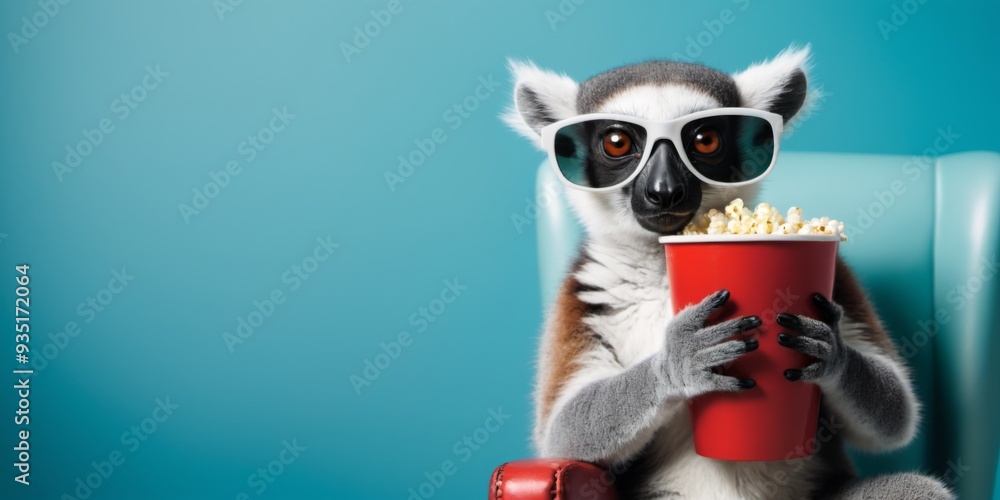 Obraz premium Curious Lemur in Turquoise Scene, Wearing Sunglasses and Watchin