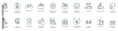 Green Earth, Reusable Shopping Bag, Pollution-Free, Organic Food, Energy Efficient Appliance, Eco-Friendly Packaging, Rainwater Harvesting, Hybrid Car, Green Battery, EcoFriendly Clothing vector icons
