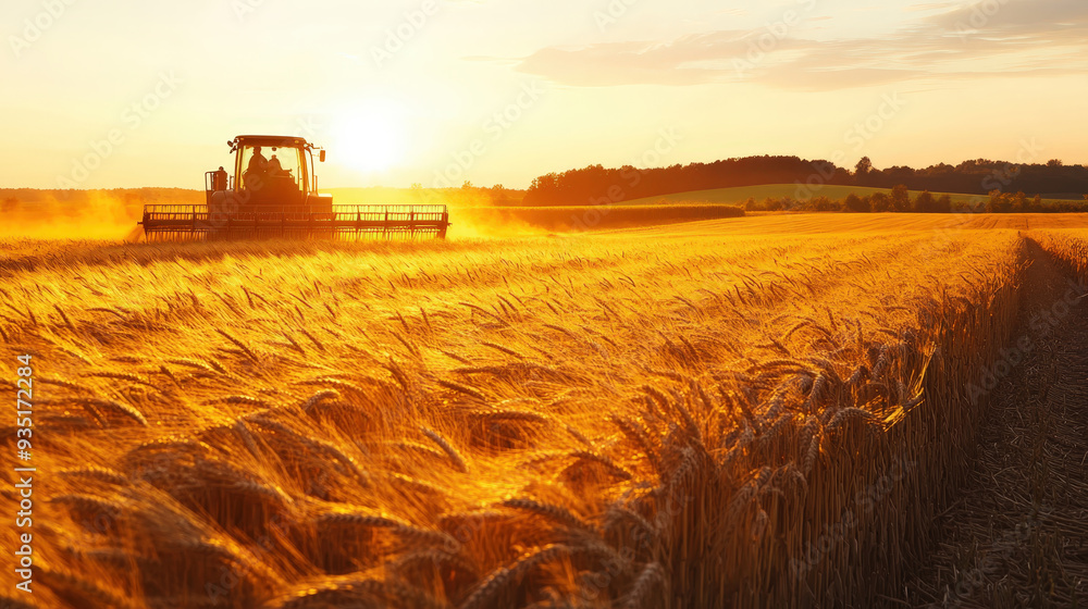 Fototapeta premium Wheat harvesting with combine harvesters at sunset in golden field