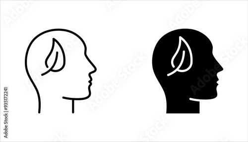 Leaf and Person Brain Ecology Environment Concept Line Icon set. Plant in Human Head Linear Pictogram. vector illustration on white background