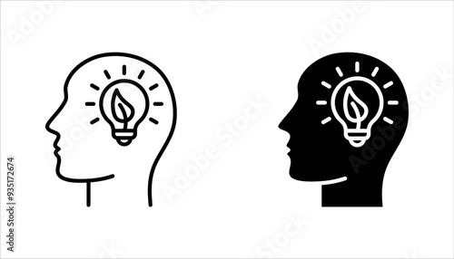 Leaf and Person Brain Ecology Environment Concept Line Icon set. Plant in Human Head Linear Pictogram. vector illustration on white background