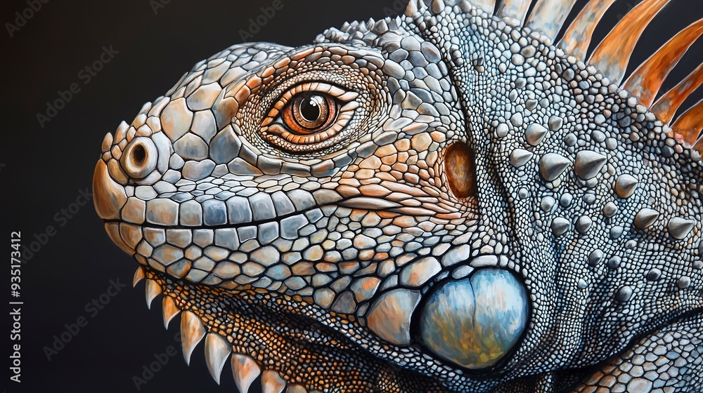 Fototapeta premium Detailed close-up of an iguana with intricate scales and a focused gaze creating a striking and exotic wildlife portrait 