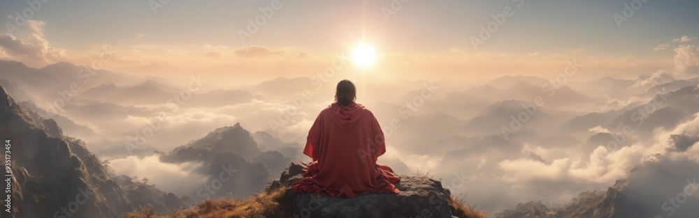 Person in Red Robe Sitting on Mountain, Facing Vast Sky with Sun Person in Red Robe Sitting on Mountain, Facing Vast Sky with Sun