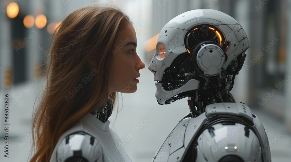 Fototapeta premium Woman opposite AI. The concept of the confrontation between humanity and artificial intelligence.