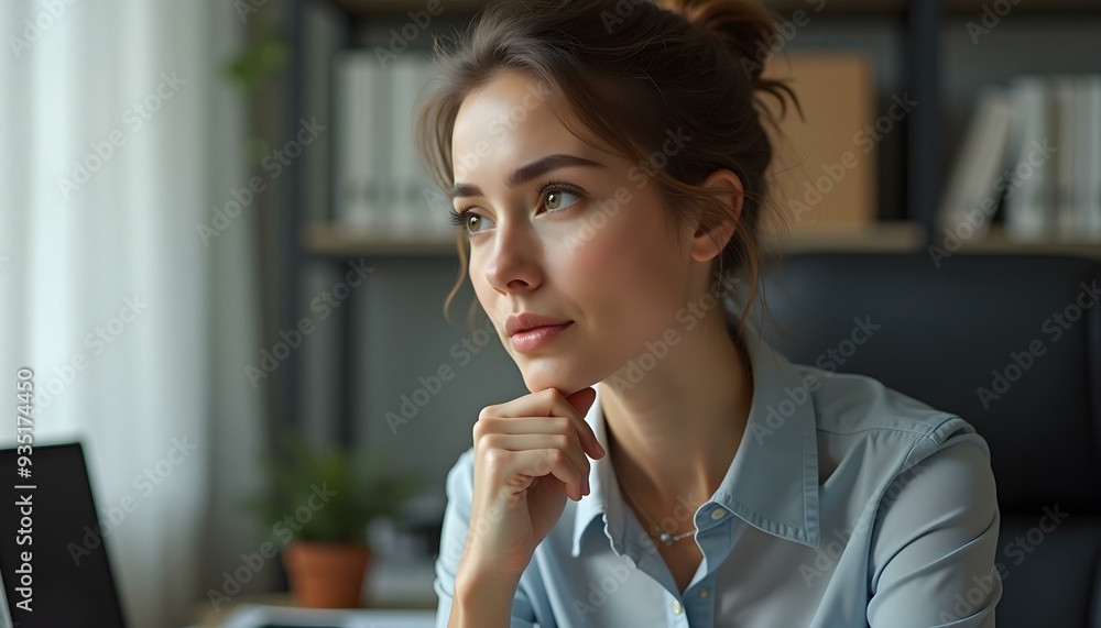 Female architect sitting in office and thinking, facial detail showing expression of concentration with hand supporting her chines Female architect sitting in office and thinking, facial detail showing expression of concentration with hand supporting her chines