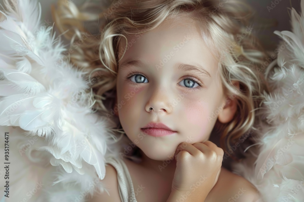 In a lush field, a little girl with angel wings gazes upward, radiating purity and a sense of freedom, A sweet-faced angel with fluffy white wings, AI generated In a lush field, a little girl with angel wings gazes upward, radiating purity and a sense of freedom, A sweet-faced angel with fluffy white wings, AI generated