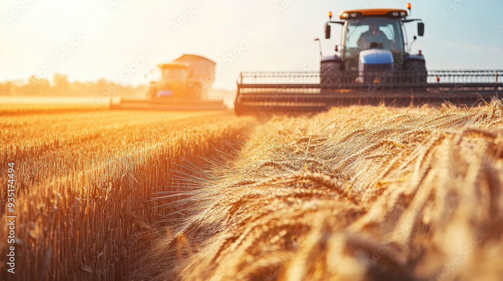 Fototapeta premium Wheat harvesting with combine harvesters at sunset in golden field