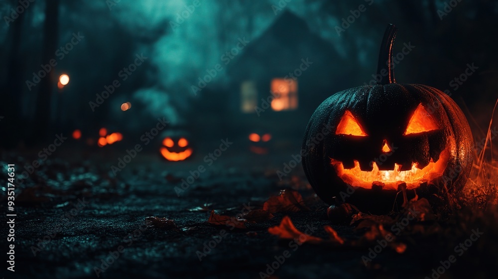 Eerie Glow of Jack-O-Lanterns: A haunting scene of carved pumpkins illuminated by flickering candlelight, casting eerie shadows amidst the misty forest Eerie Glow of Jack-O-Lanterns: A haunting scene of carved pumpkins illuminated by flickering candlelight, casting eerie shadows amidst the misty forest