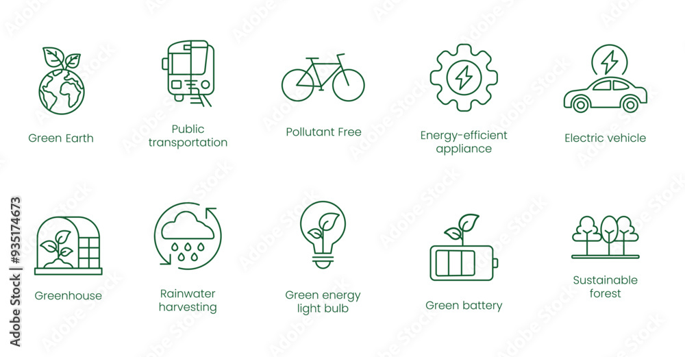 Green Earth, Public Transportation, Pollution-Free, Energy Efficient Appliance, Electric Vehicle, Greenhouse, Rainwater Harvesting, Green Energy Light Bulb, Green Battery Vector Icon set Green Earth, Public Transportation, Pollution-Free, Energy Efficient Appliance, Electric Vehicle, Greenhouse, Rainwater Harvesting, Green Energy Light Bulb, Green Battery Vector Icon set