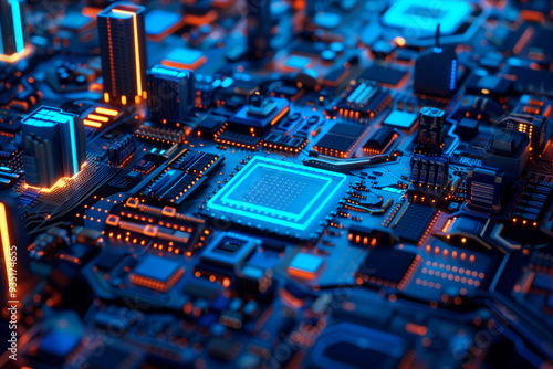 A futuristic cityscape on a circuit board with glowing lights photo