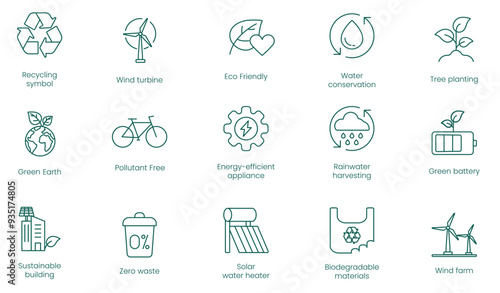 Recycling Symbol, Wind Turbine, Eco-Friendly, Water Conservation, Tree Planting, Green Earth, Pollution-Free, Energy Efficient Appliances, Rainwater Harvesting, Green Battery, Sustainable  vector icon