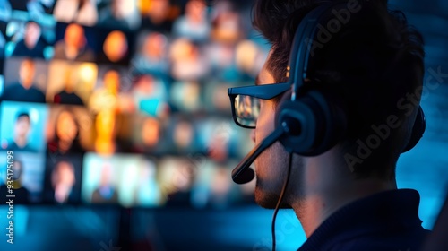 Digital Nomad in Action: Employee Engaged in Virtual Meeting with Headset against Corporate Background