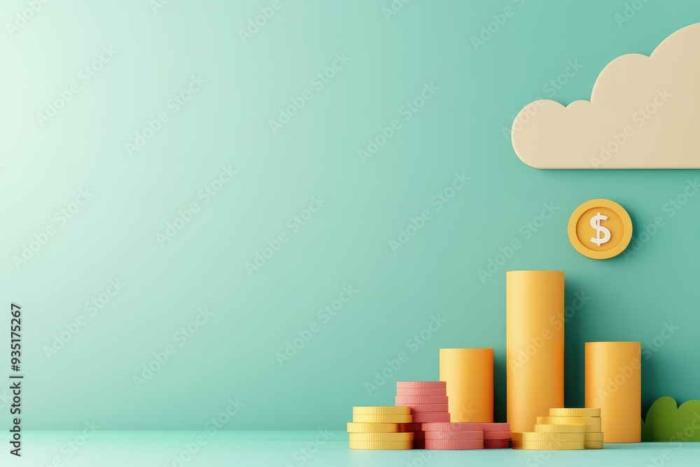 A colorful, creative representation of financial growth with bars, coins, and clouds, perfect for business and investment themes. A colorful, creative representation of financial growth with bars, coins, and clouds, perfect for business and investment themes.