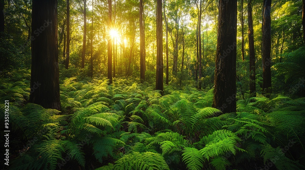 Obraz premium A photograph of a dense forest in Australia with tall trees and lush ferns covering the forest floor. Sunlight filters through the canopy, illuminating the green foliage