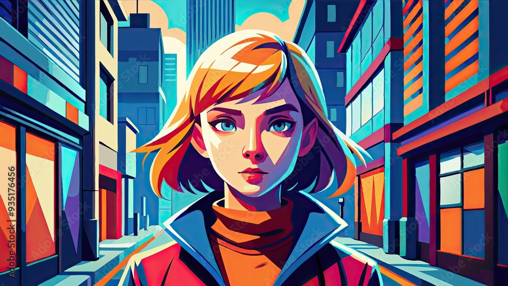 Woman with Blue Eyes in Colorful City Street Woman with Blue Eyes in Colorful City Street