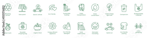 Recycling Symbol, Reusable Shopping Bag, Energy Efficient Appliance, Eco-Friendly Packaging, Greenhouse, Hybrid Car, Green Battery, Urban Gardening, Wind Farm Vector Icons