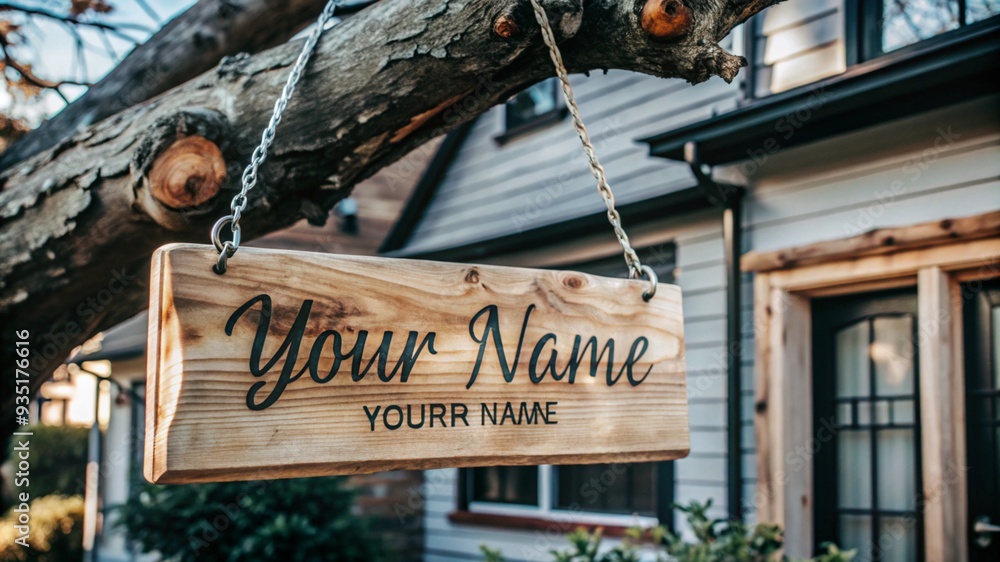 Obraz premium Light wooden nameplate hanging on a tree branch in front of the house