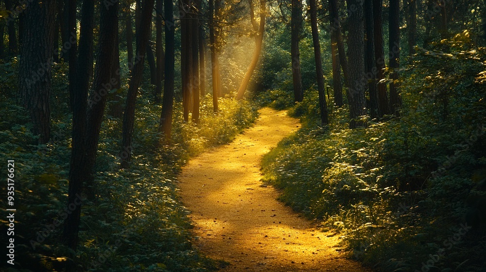 Fototapeta premium A serene forest pathway illuminated by golden sunlight, inviting exploration and tranquility amid nature's beauty. 