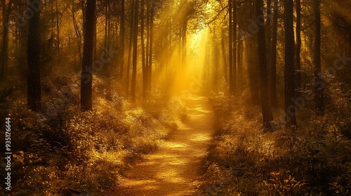 A serene forest pathway illuminated by golden sunlight, inviting exploration and tranquility amid nature's beauty.