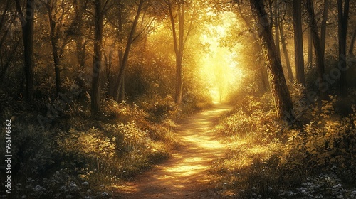 A serene forest pathway illuminated by golden sunlight, inviting exploration and tranquility amid nature's beauty.