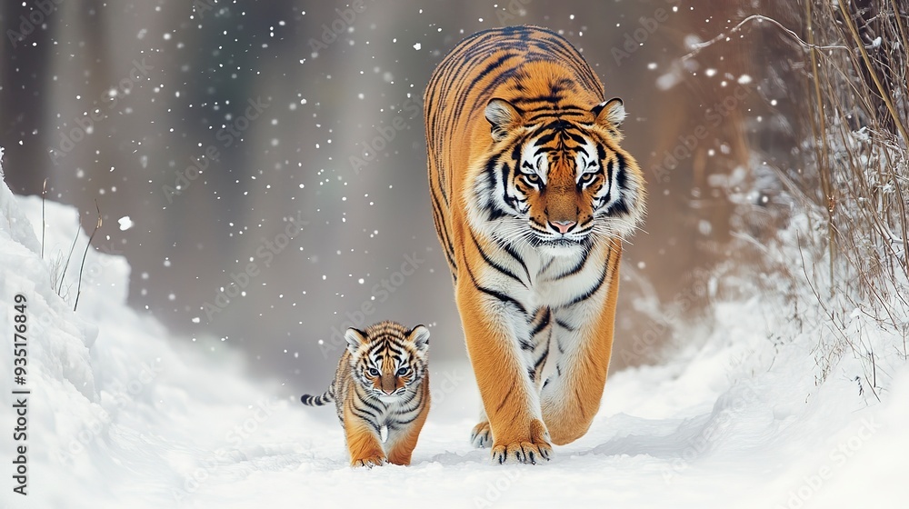 Obraz premium Mother Tiger and Her Baby Walking in the Snow
