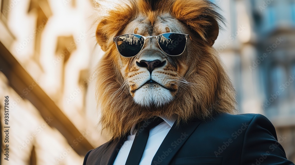 Confident and Stylish Lion Portrait in Sunglasses and Business Suit with Copy Text white Background Regal Powerful and Sophisticated Wild Animal Concept Confident and Stylish Lion Portrait in Sunglasses and Business Suit with Copy Text white Background Regal Powerful and Sophisticated Wild Animal Concept