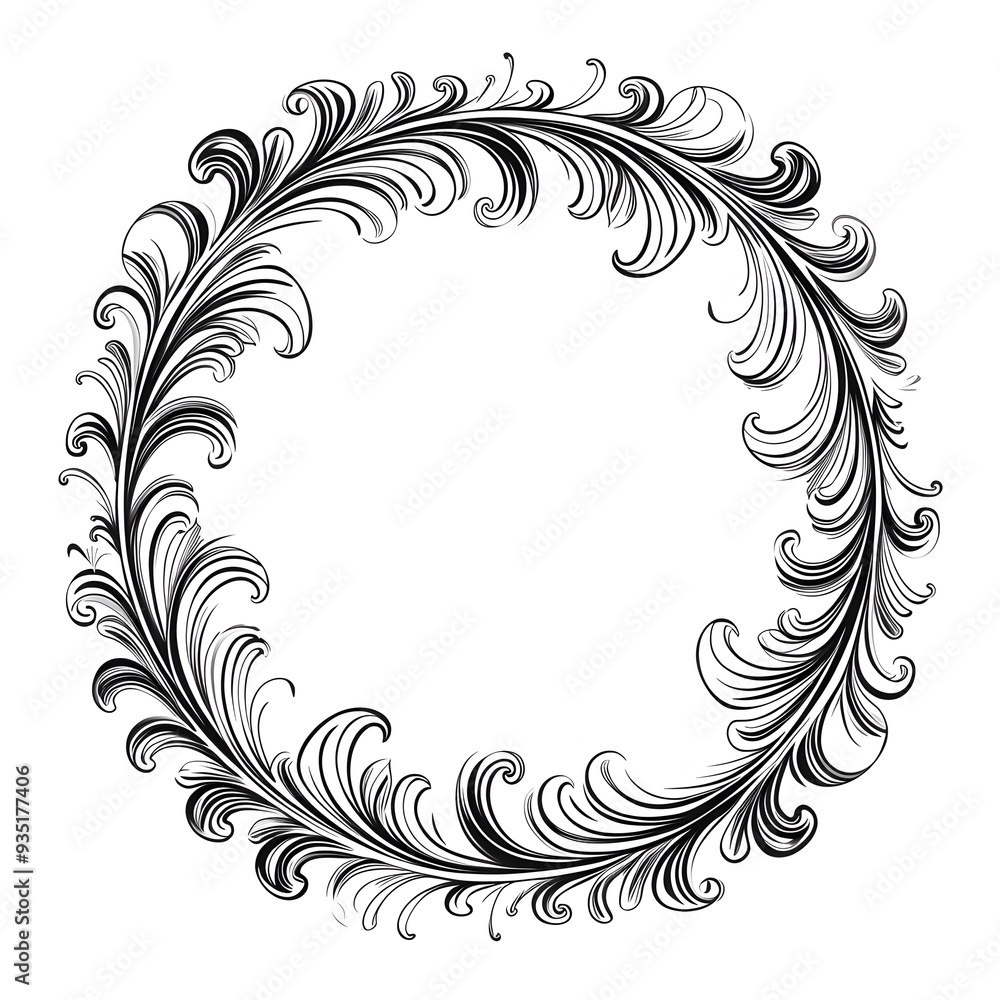 Elegant Circular Frame with Flowing Wave and Swirl Motifs on White Background Elegant Circular Frame with Flowing Wave and Swirl Motifs on White Background