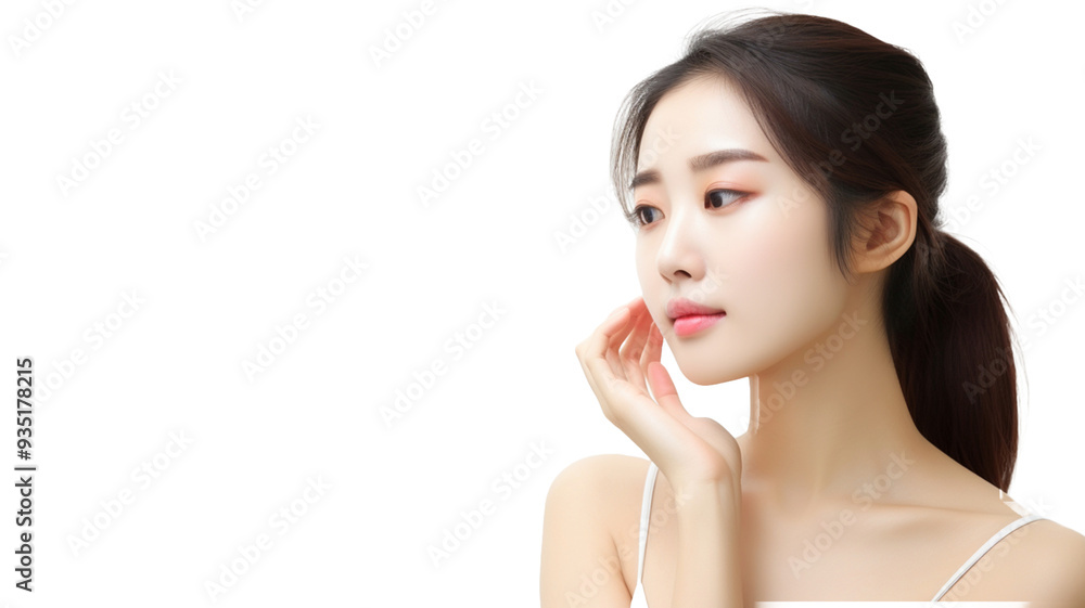 Portrait beautiful young Asian woman with clean fresh skin isolated on transparency background PNG. Model with healthy skin, close up portrait.
Portrait beautiful young Asian woman with clean fresh skin isolated on transparency background PNG. Model with healthy skin, close up portrait.
